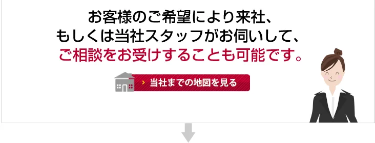 お客様のご希望により来社、もしくは当社スタッフがお伺いして、ご相談をお受けすることも可能です。当社までの地図を見る